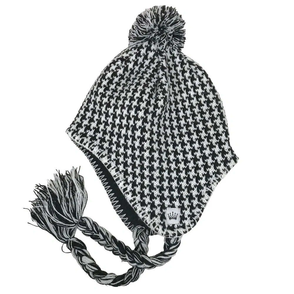 American Grown Knit Houndstooth Alabama Heart Pom-Pom Hat Ear Flaps Black White